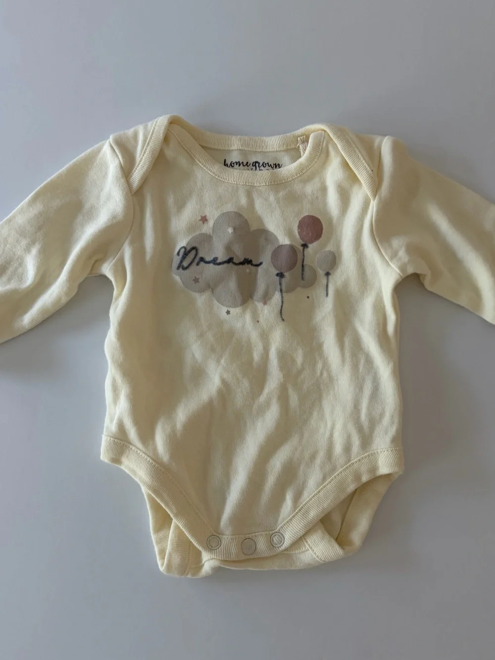 Home Grown Baby Ivory Long Sleeve Cotton Bodysuit 0-3 Months Dream And Balloons